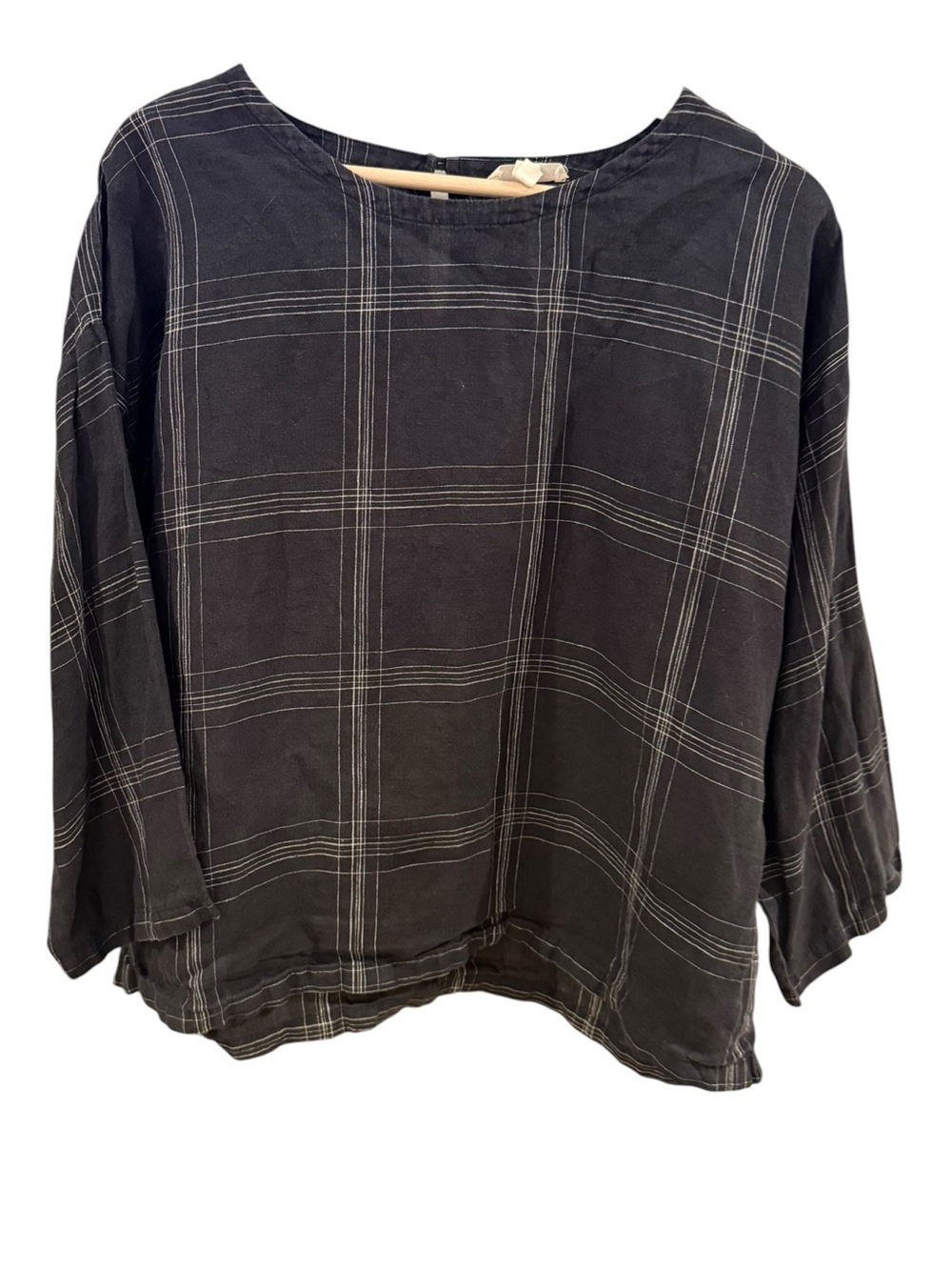 Eileen Fisher Black Windowpane Plaid Organic Linen Boxy Top S/P Small
